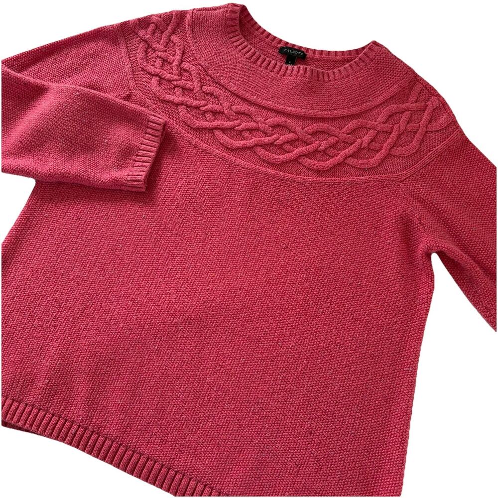 Talbots Sweater Women’s Pink Cable Yoke Crew Neck Cotton Blend Pullover Large